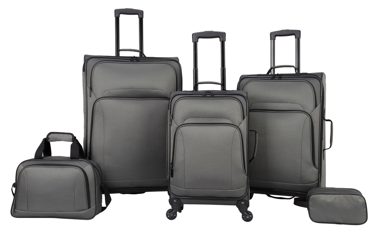 Protege 5 Piece Spinner Luggage Set, Includes 28 in Checked, 24 in Checked Bags, 20 in Carry - on, 15 in Boarding Tote and Matching Utility Bag, All