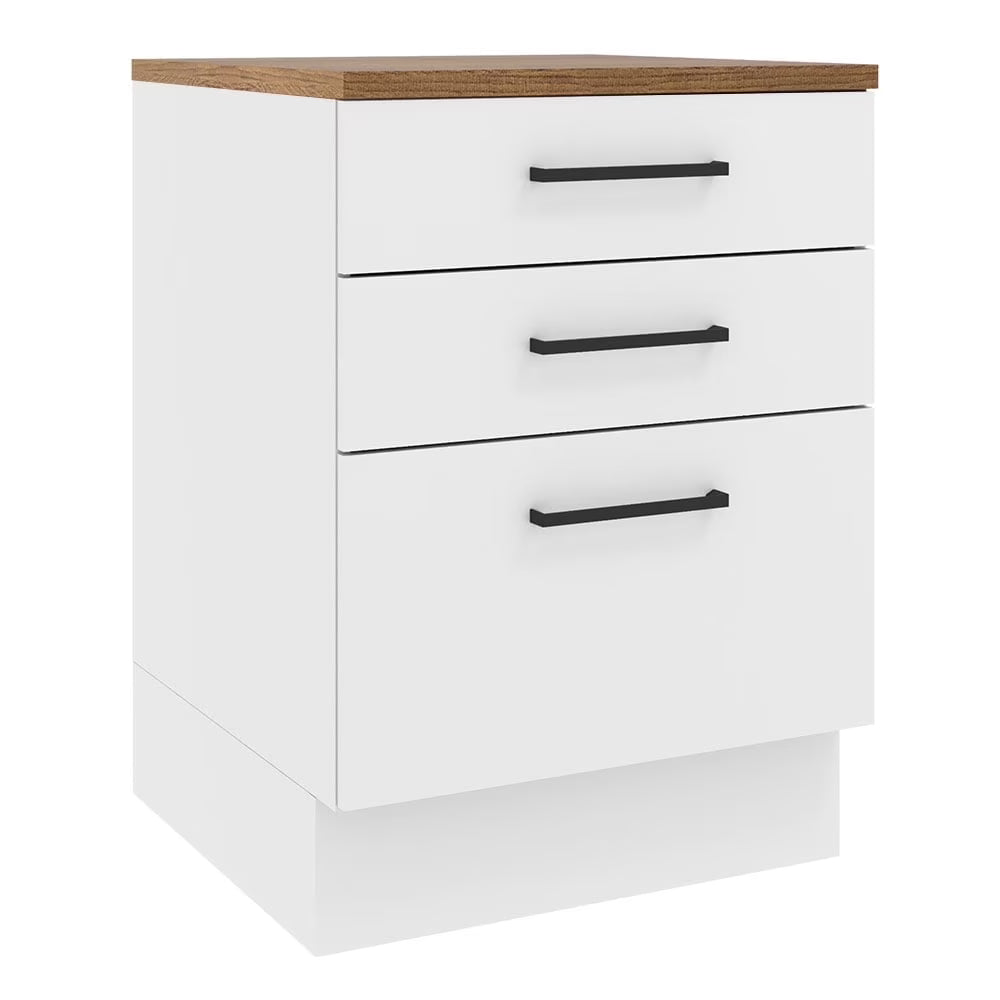 Madesa Hazel Kitchen Storage Base Cabinet with 3 Drawers 23 in Wide Engineered Wood Painted Finish Floor Mount Removable Plinth - White