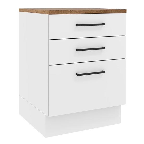 Madesa Hazel Kitchen Storage Base Cabinet with 3 Drawers 23 in Wide Engineered Wood Painted Finish Floor Mount Removable Plinth - White