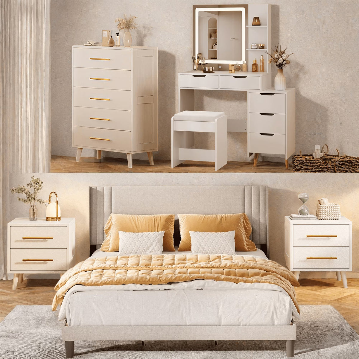 Bedroom Furniture Set - Includes Queen Bed Frame, Nightstands Set of 2, 5 - Drawer Dresser & Vanity Desk - Modern Storage Solution for Stylish Home Decor, Beige/White