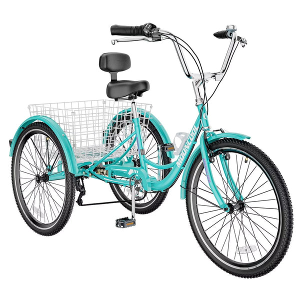 MOPHOTO Adult Tricycle 20/24/26 in 3 Wheel Bicycle, 3 Wheel Bikes for Adults, 7 Speed Low Stepover Frame Tricycle with Basket/Bell, 3 Wheel Bicycle