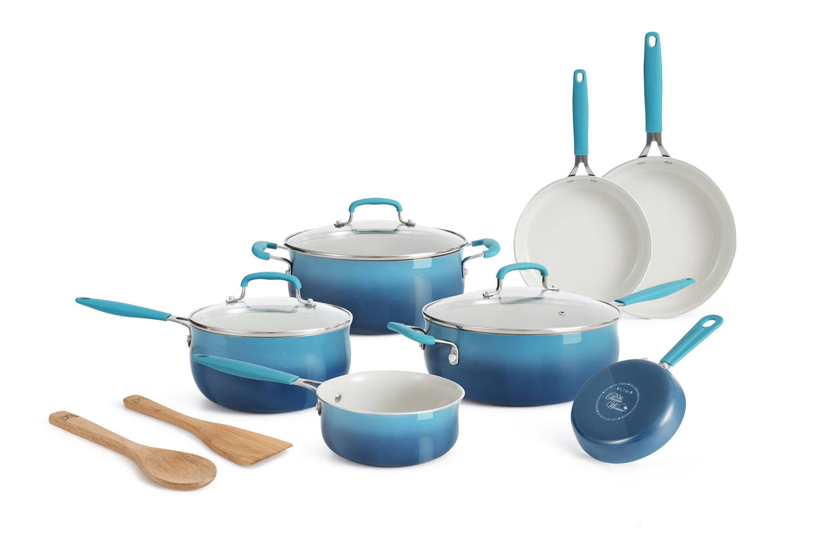 The Pioneer Woman 12-Pieces Porcelain Enamel Classic Ceramic Cookware Set, Ombre Teal, Size: 12pc