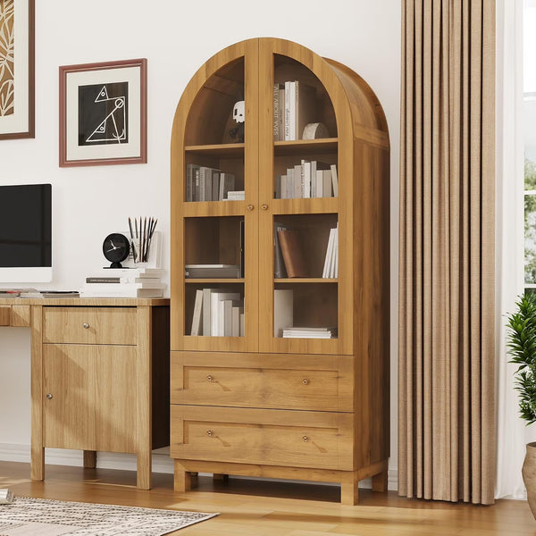 Litake 71" Tall Arched Bookshelf, Modern Bookcase with 2 Drawers, Glass Door and Adjustable Shelf, Wooden Display Cabinet, Versatile Bookshelf