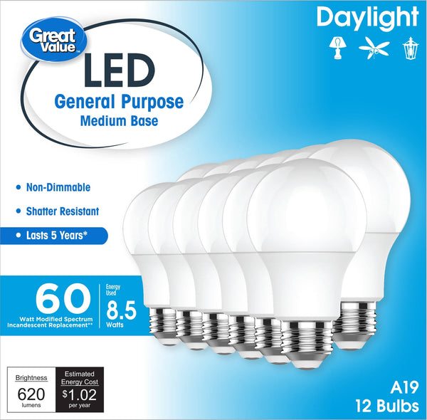 Great Value LED Light Bulbs, 60 Watts Eqv, Daylight, A19 General Purpose Light Bulbs, 5YR, 12pk, White 93131088