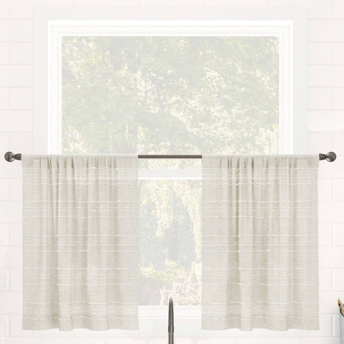 Clean Window Textured Slub Stripe Anti-Dust Linen Blend Sheer Cafe Curtain Pair - 52" x 24"
