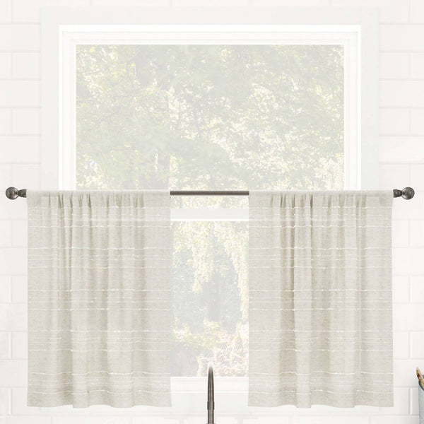 Clean Window Textured Slub Stripe Anti-Dust Linen Blend Sheer Cafe Curtain Pair - 52" x 24"
