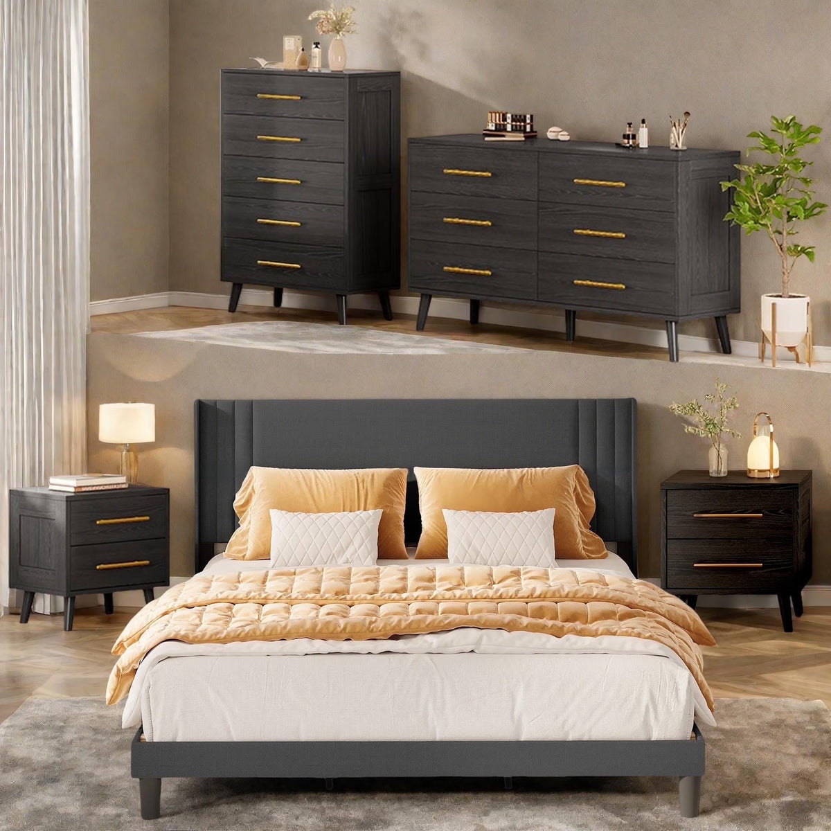 Bedroom Furniture Set - Includes Queen Bed Frame, Nightstands Set of 2, 5 - Drawer Dresser & Double Wide 6 - Drawer Dresser - Modern Storage Solution