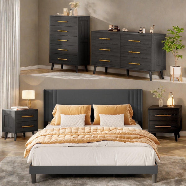 Bedroom Furniture Set - Includes Queen Bed Frame, Nightstands Set of 2, 5 - Drawer Dresser & Double Wide 6 - Drawer Dresser - Modern Storage Solution