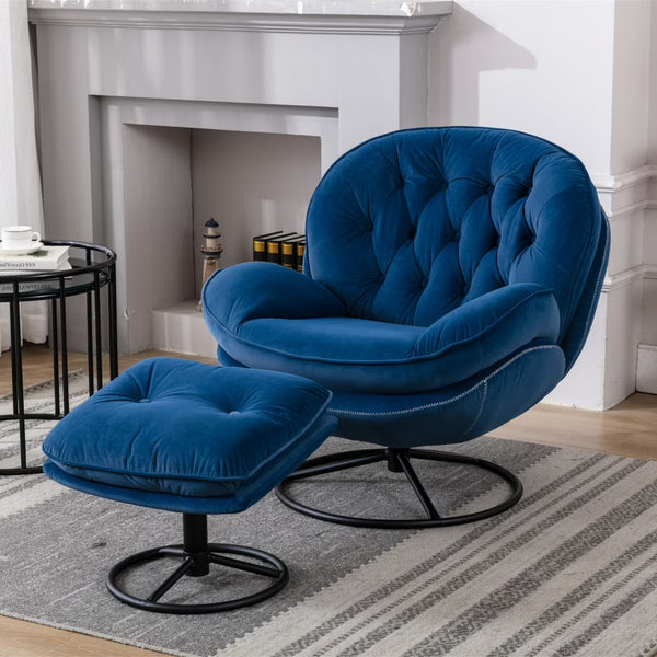Velvet Swivel Accent Chair with Ottoman, Modern Chaise Lounge Chair with Metal Frame and Footstool, Comfy Armchair Reading Chair for Living Room