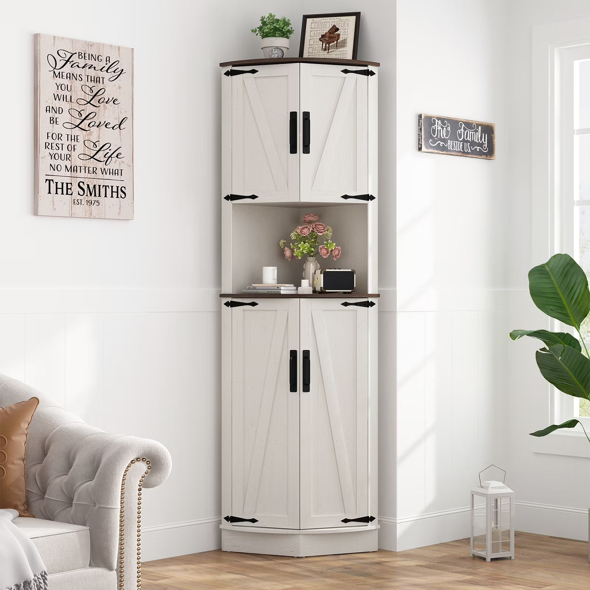 Chvans Farmhouse 68" Tall Corner Cabinet W/4 Barn Doors, 5 Tier Bookcase Storage Cabinet with Adjustable Shelves, Corner Storage Cabinet for
