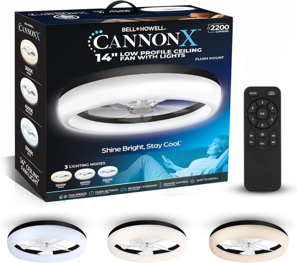 Cannonx 14 Low Profile Ceiling Fans with Lights and Remote, Modern Fandelier Ceiling Fan with Light, 6 Speeds, 3 Lighting Modes 3500K - 5500K, Flush