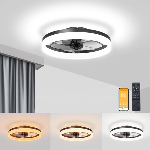 VOLISUN Low Profile Ceiling Fans with Lights and Remote, Fandelier Ceiling Fan Flush Mount 19.7inch, 3000K-6500K Smart Bladeless LED Fan Light, Black