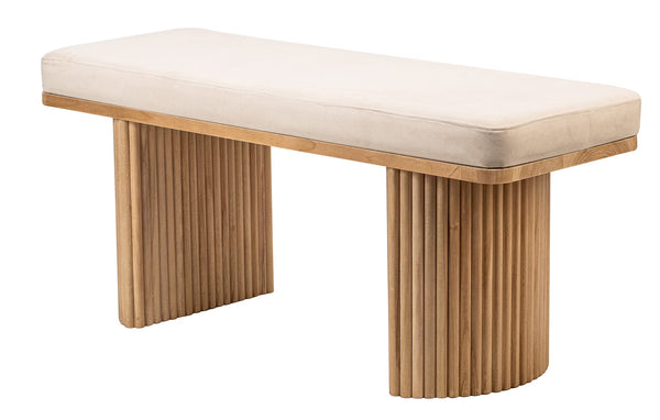 Solid Wood and Beige Velvet Bench Exotic Boho Entryway
