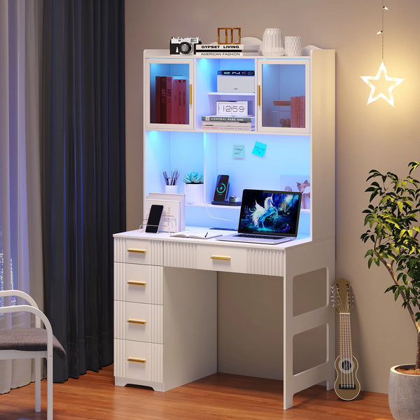 HNEBC LED Study Desk with Hutch and Drawer, Home Office Desk with Outlet, Computer Desk with Charging Station, Writing Desk for Bedroom, Workstation