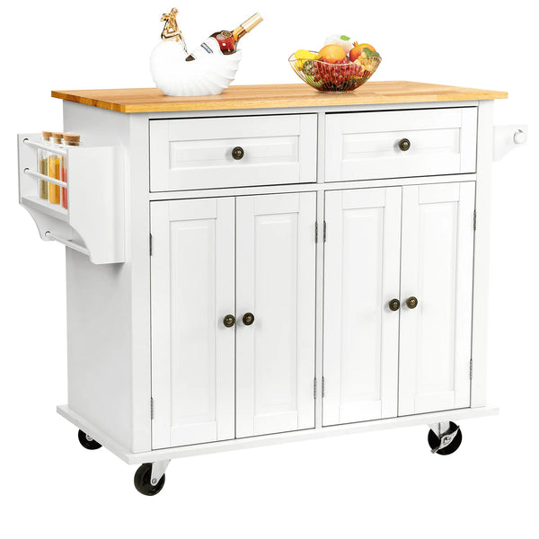 Richya Kitchen Island with Storage, Rolling Kitchen Cart with Lockable Wheels, Rubber Wood Tabletop Kitchen Island Table for Kitchen, Living Room