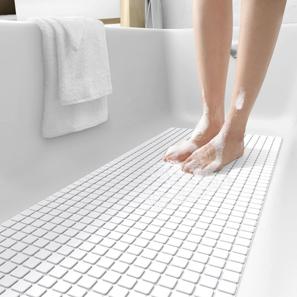 DEXI Bath Tub Shower Mat Non-Slip 16 x 39 Extra Long Bathtub Mats Suction Cups Drain Holes Machine Washable Bathroom Mat White