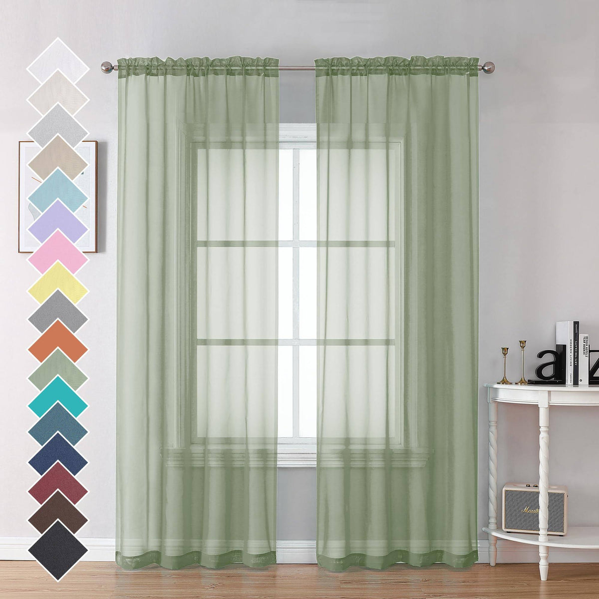 OVZME 2 Panels Sheer Sage Green Curtains 72 Inches Length Window Treatment for Kitchen, Elegant Airy Transparent Curtain Draperies Rod Pocket for