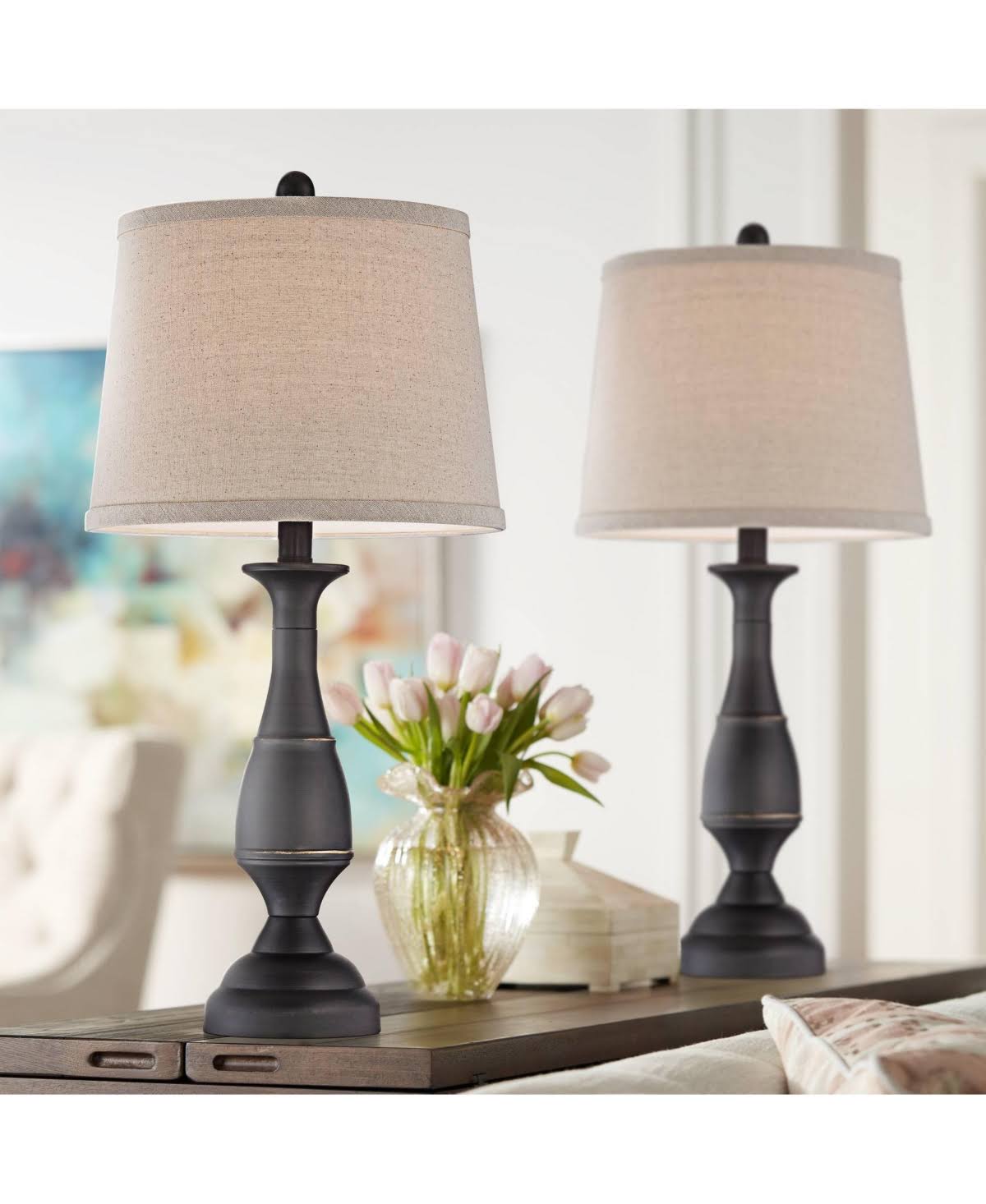 Regency Hill Ben Traditional Table Lamps Set of 2 Dark Bronze Metal Beige Linen Drum Shade for Living Room Family Bedroom Bedside