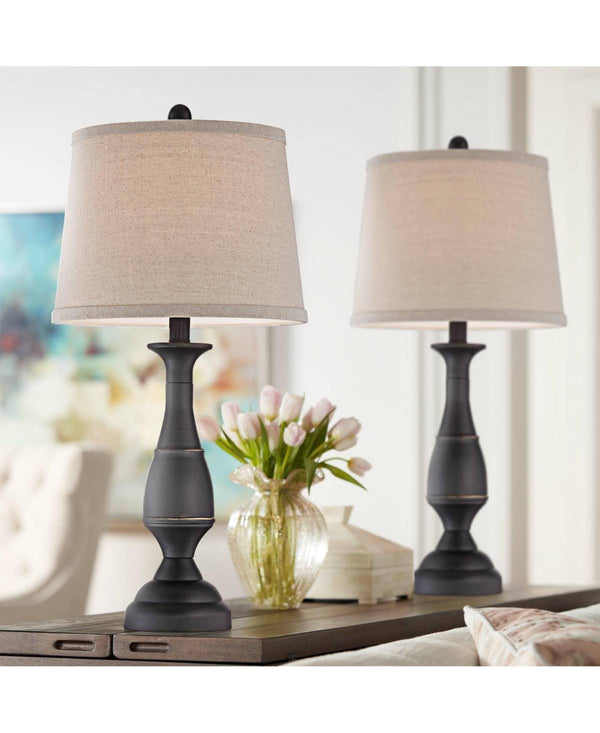 Regency Hill Ben Traditional Table Lamps Set of 2 Dark Bronze Metal Beige Linen Drum Shade for Living Room Family Bedroom Bedside