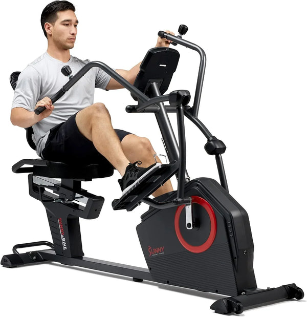 Health & Fitness Electromagnetic Recumbent Cross Trainer Exercise Elliptical Bike w/Arm Exercisers, Easy Access Seat & Exclusive SunnyFit App