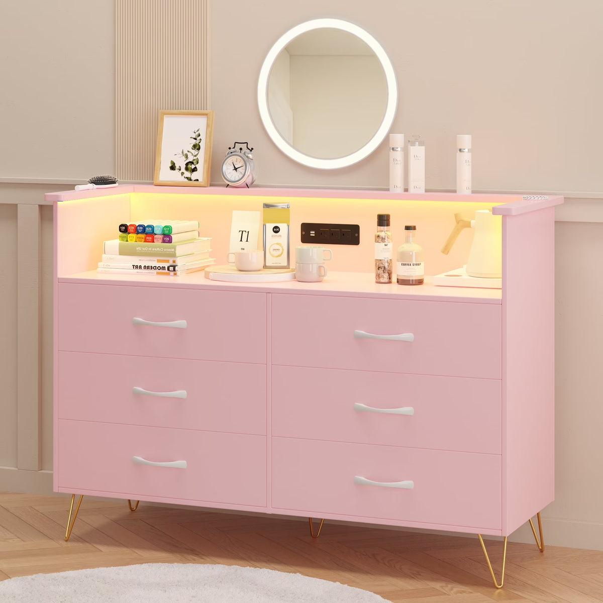 Garvee Dresser for Bedroom 6 Drawer with LED Light & Charging Station, Wooden Dressers and Chests of Drawers with 2 - Tier Open Shelves, Wide Dresser