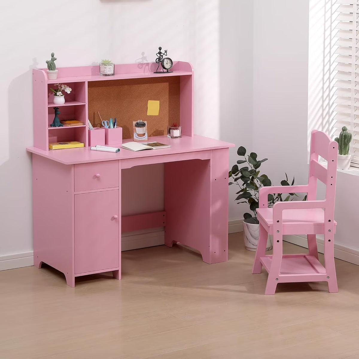 Kids Desk and Chair Set, Study Table with Storage Shelf, Bulletin Board, Children School Learning Desk Set, Writing Table for Boys and Girls, Pink