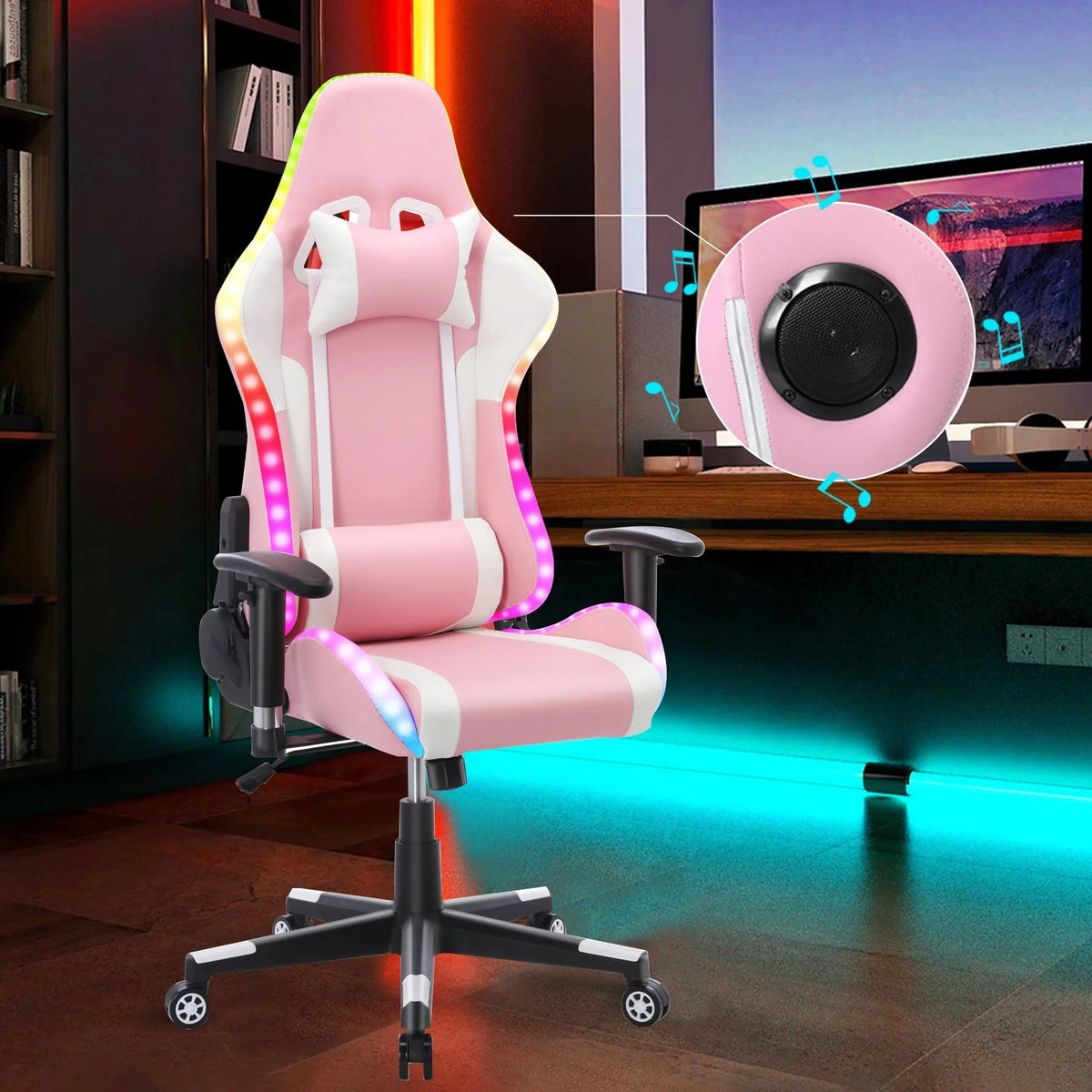 Homemiyn Gaming Chair with Speakers Video and RGB LED Lights, Pink PU Leather Ergonomic Racing Office Chair