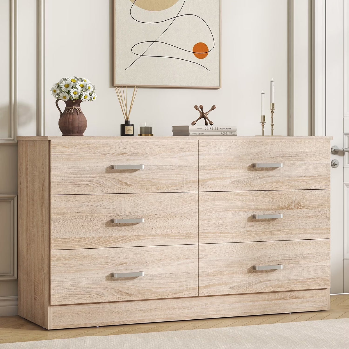Winkalon 6 Drawer Oak Double Dresser, Wood Storage Cabinet with Easy Pull Out Handles for Living Room, Chest of Drawers for Bedroom