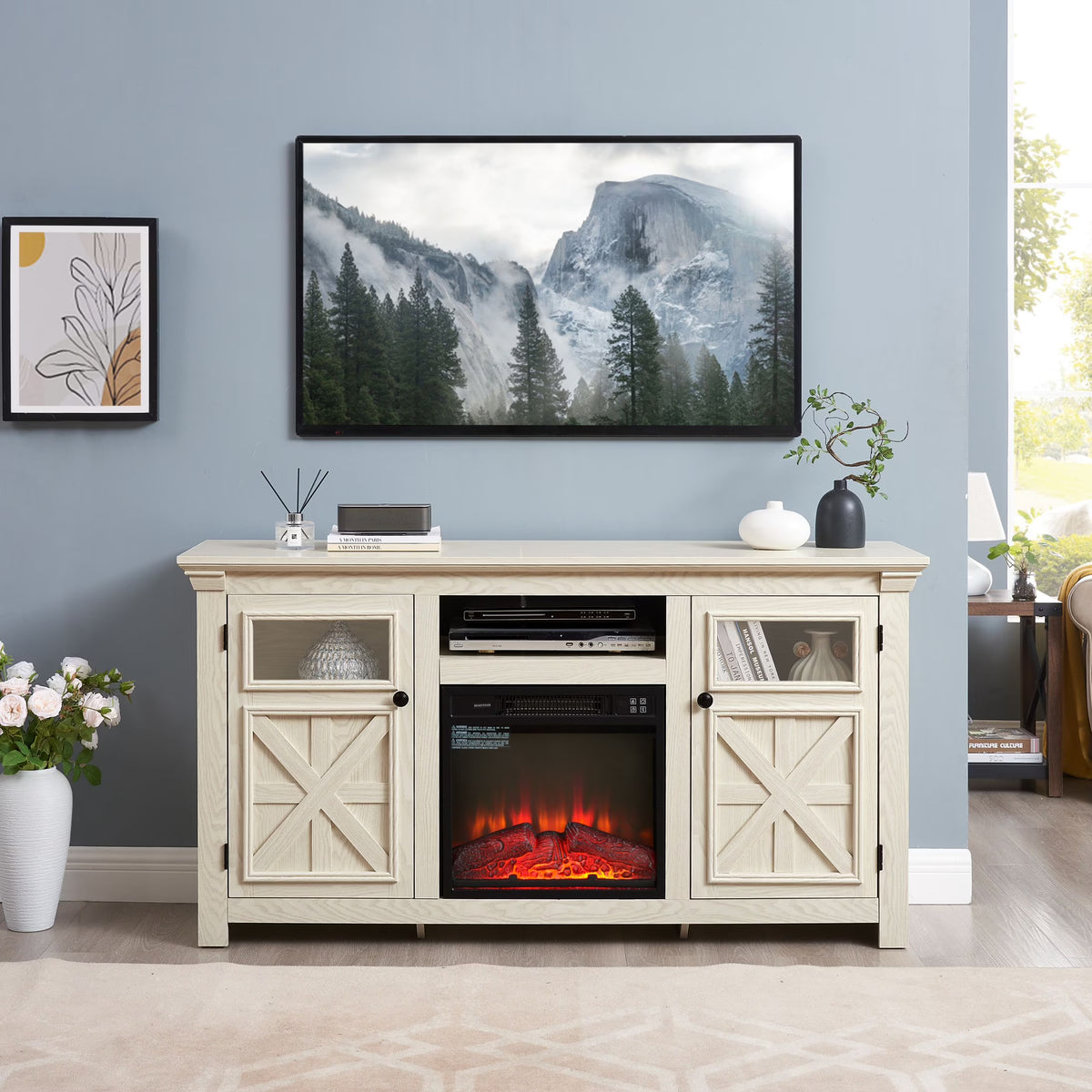 60" Farmhouse Fireplace TV Stand for Tvs up to 70 in, Entertainment Center with 18" Electric Fireplace, Rustic TV with Glass Barn Doors for Living