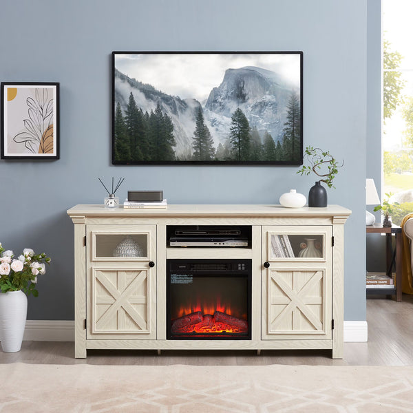 60" Farmhouse Fireplace TV Stand for Tvs up to 70 in, Entertainment Center with 18" Electric Fireplace, Rustic TV with Glass Barn Doors for Living