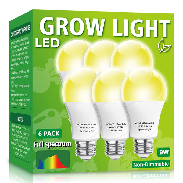 mfxmf 6 Pack LED Grow Light Bulb A19 Bulb, Full Spectrum Plant Light Bulb, 9W E26 Grow Bulb Replace Up to 80W, Grow Light for Indoor Plants, Flowers