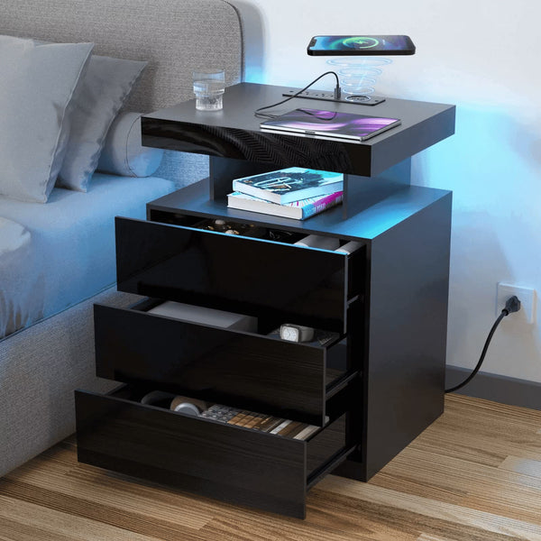 Hommpa LED Nightstand Wireless Charging Station USB Type C Outlets Bedside Table 3 Drawers Black Night Table Modern Smart Nightstand High Gloss End