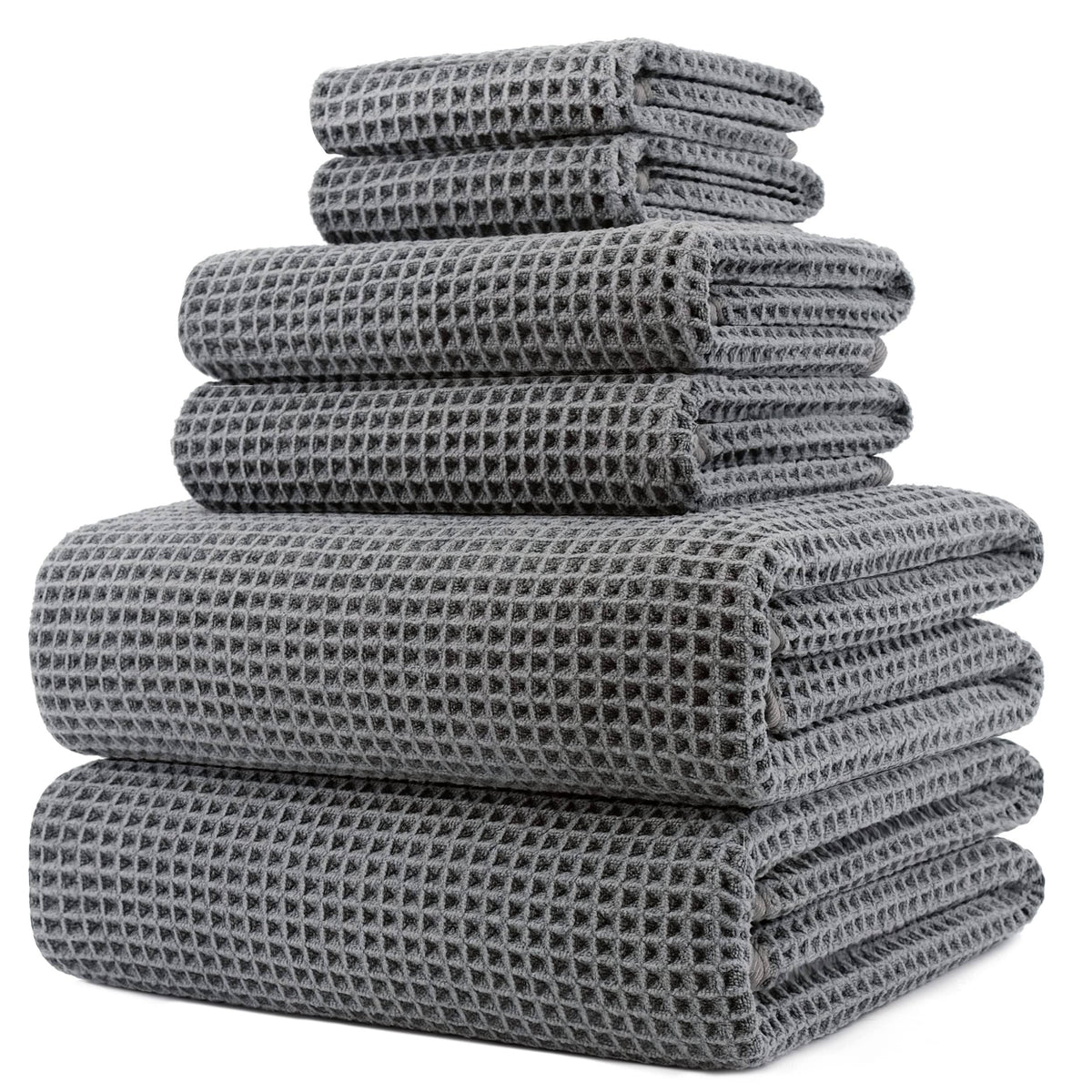 POLYTE Oversize 60 x 30 in Quick Dry Lint Free Microfiber Bath Towel Set 6 Piece (Gray Waffle Weave)