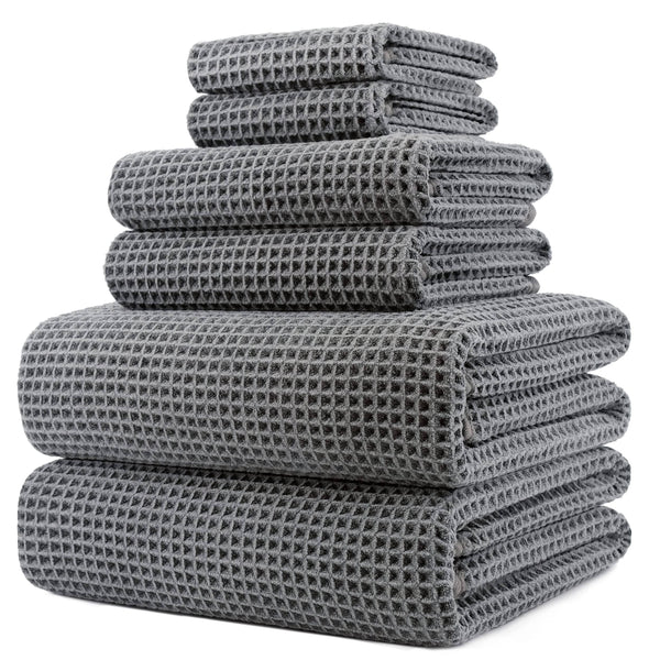 POLYTE Oversize 60 x 30 in Quick Dry Lint Free Microfiber Bath Towel Set 6 Piece (Gray Waffle Weave)
