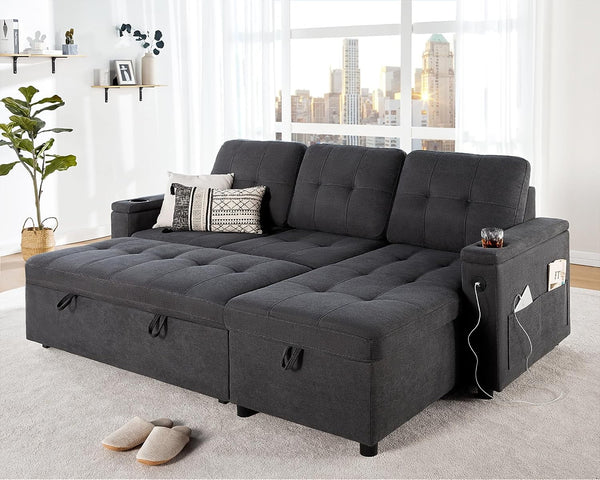 Papajet Sleeper Sofa, Modern Tufted Convertible Sofa Bed, USB Charging Ports & Cup Holders, L Shaped Sofa Couch with Storage Chaise, Linen Couches