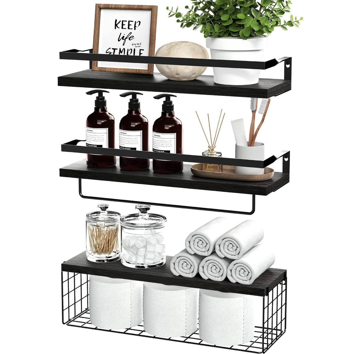 Floating Shelves with Storage Basket, Over Toilet Paper Holder Storage Shelves, Wall Mounted Rustic Wood Shelves for Bathroom, Bedroom, Living Room