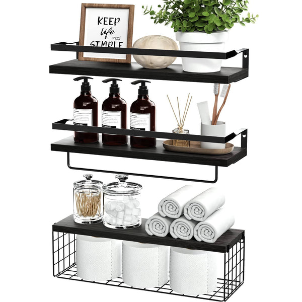 Floating Shelves with Storage Basket, Over Toilet Paper Holder Storage Shelves, Wall Mounted Rustic Wood Shelves for Bathroom, Bedroom, Living Room