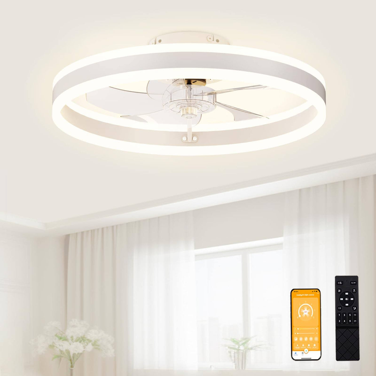 VOLISUN Low Profile Ceiling Fans with Light and Remote, 19.7in Modern Fandelier Ceiling Fan Light, 3000K-6500K Dimmable Flush Mount LED Fan Light