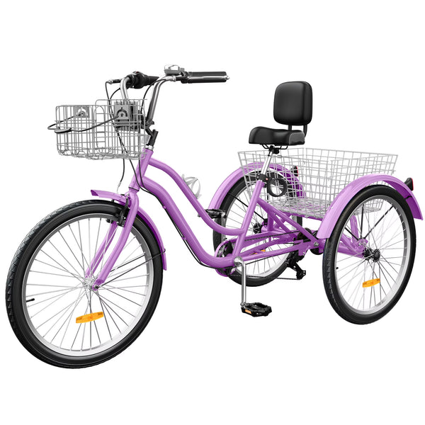Dextrus 24 in 3 - Wheel Bike, Single Speed Adult Trike, Low Step - Through Cruiser with Front & Rear Baskets, Large Adjustable Seat with Backrest for