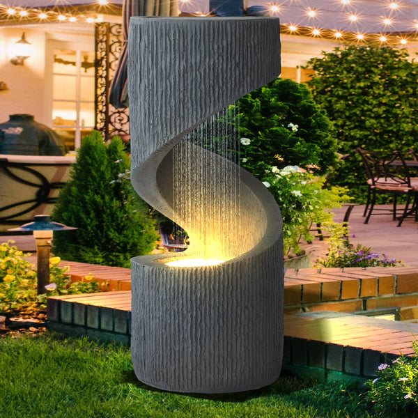 Magic Union Outdoor S - Shaped Water Fountain, Spiral Waterfall Indoor Fountain Outside Garden Decor with LED Lights & Pump, Curved Patio Resin