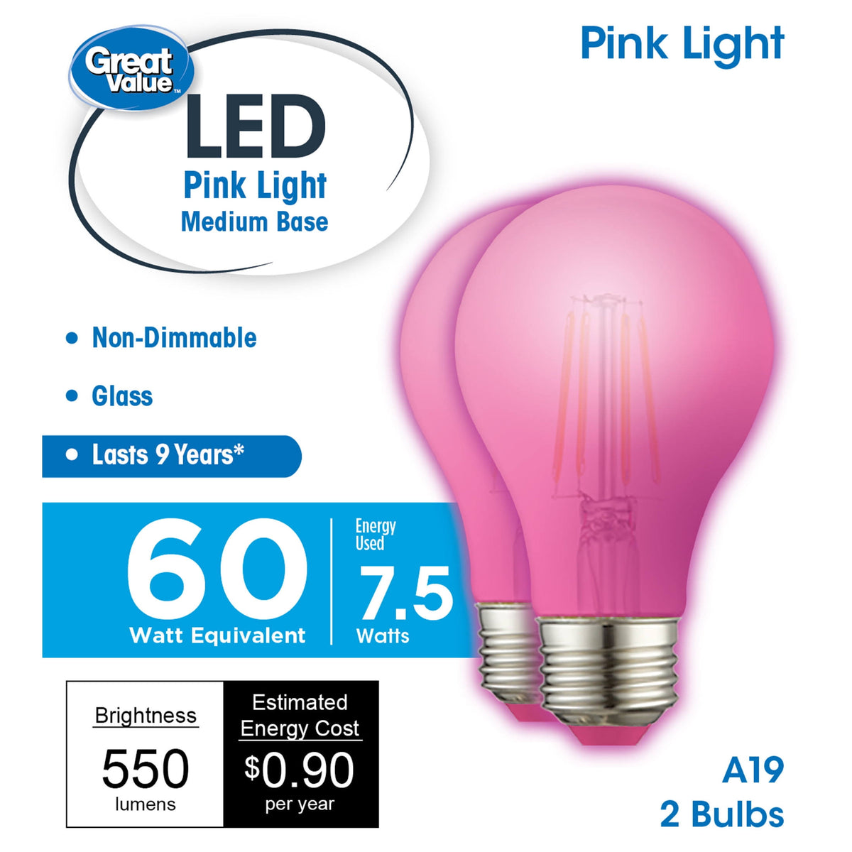 Great Value LED Light Bulb, 7.5 Watts (60W Equivalent) A19 Lamp E26 Medium Base, Non-Dimmable, 2-Pack, Pink