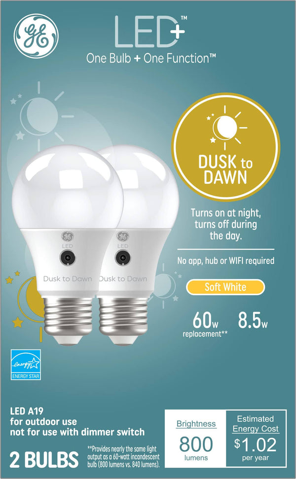 GE LED+ Dusk to Dawn LED Light Bulbs, Automatic On/Off Outdoor A19 Bulbs, Soft White (2 Pack)