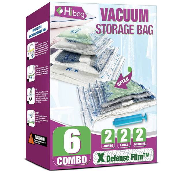 Hibag Vacuum Storage Bags, Space Saver Vacuum Seal Storage Bags 6-Pack Sealer Bags for Clothes, Clothing, Bedding, Comforter, Blanket (6C)