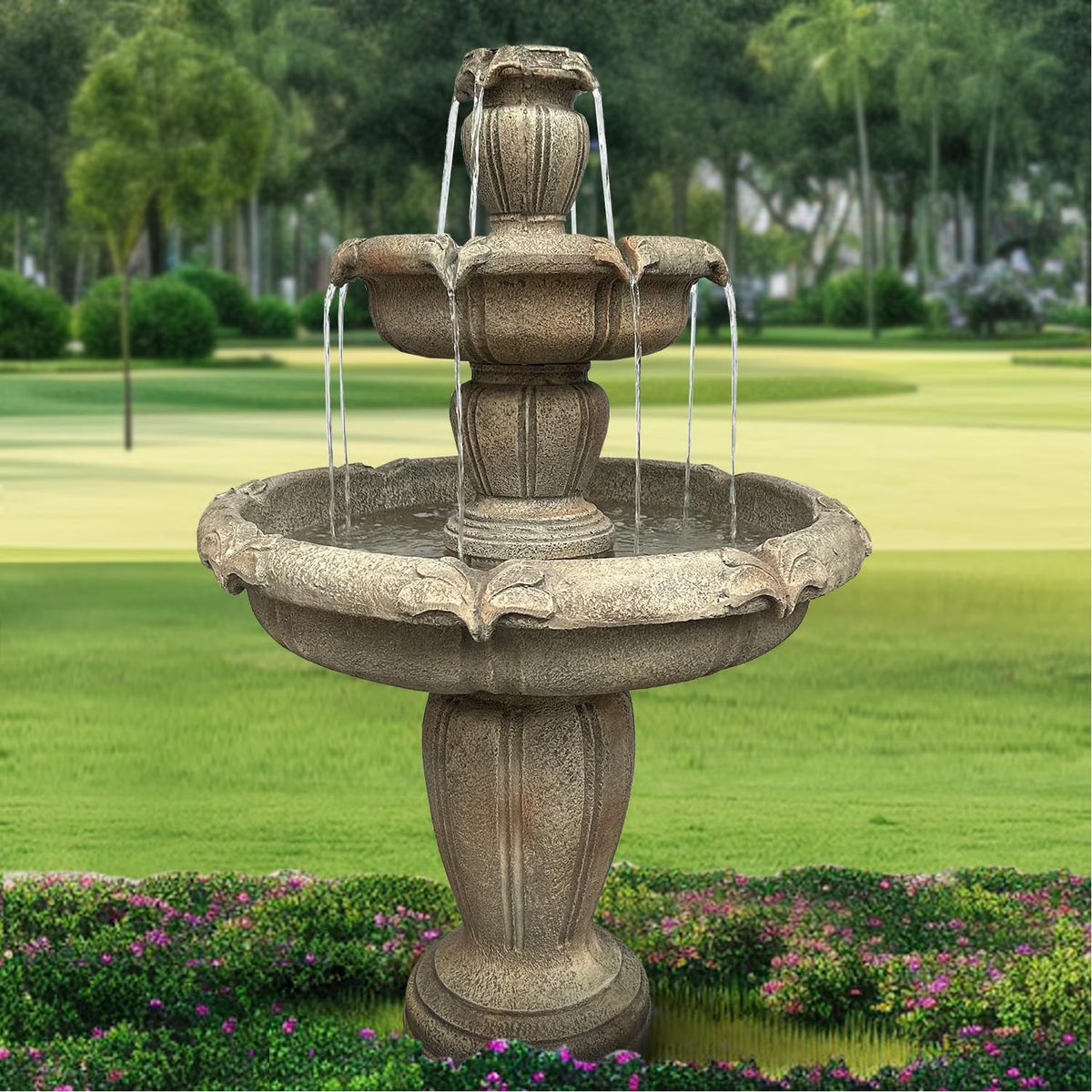 48�?h Outdoor Floor Water Fountain, 3 - Tiers Concrete Water Fountain with Submersible Electric Pump - Garden Cascading Waterfall for Yard Patio Lawn