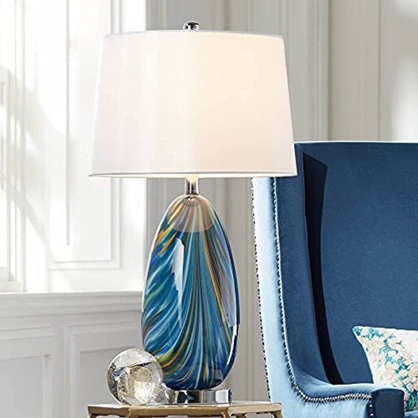 Possini Euro Design Modern Table Lamp Multi Color Blue Art Glass Tapered Drum Shade for Living Room Bedroom Nightstand Family