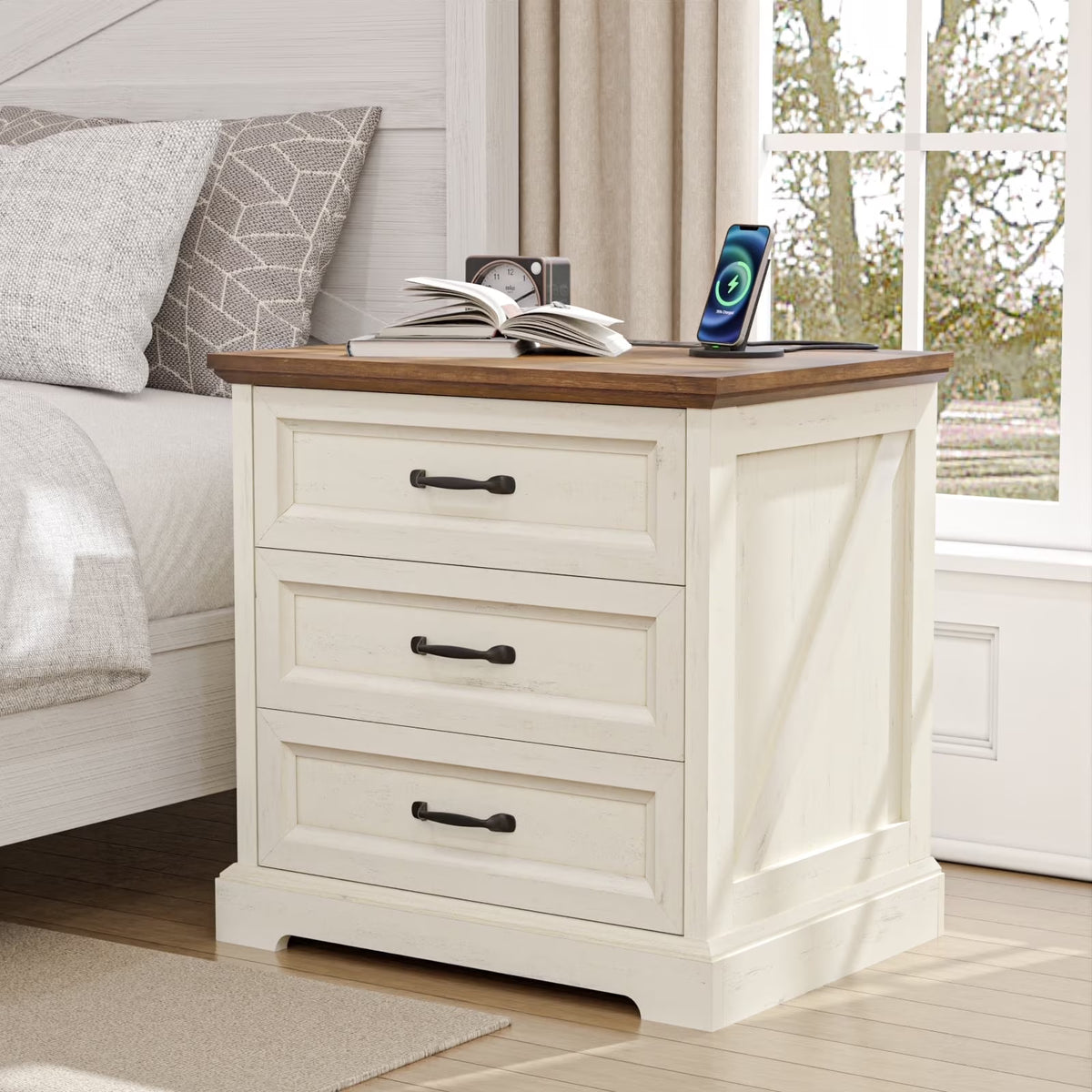 Hommpa Farmhouse 3 Drawers Nightstand with Charging Station, Rustic Wood Night Stand with Drawers for Bedroom, Vintage Bedside Table Small Dresser